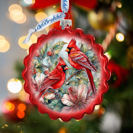 Cardinals Wreath Glass Ornament by G. Debrekht - Wildlife Holiday Decor - 759-052-1