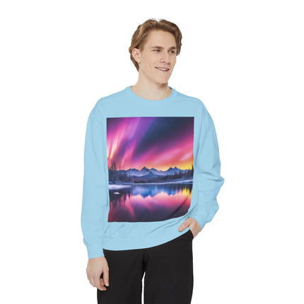 Aurora Lake Crewneck Sweatshirt — Colorful Northern Lights Landscape