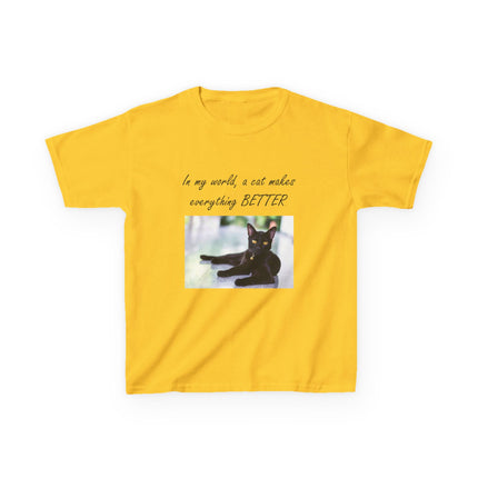 Kids Cat Lover Tee – “A Cat Makes Everything Better” – Heavy Cotton