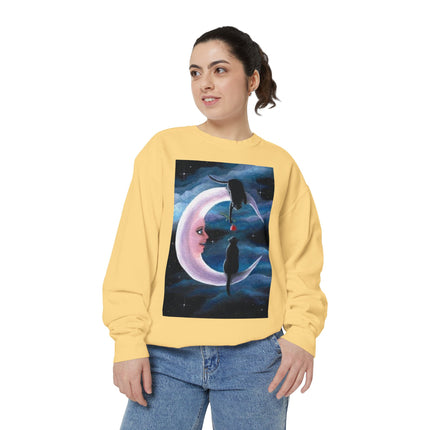 Moonlit Cats Sweatshirt —Whimsical Crescent Moon & Black Cat Graphic