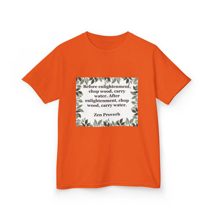 Kids Tee — 'Before enlightenment, chop wood...': Zen Proverb Kids T-Shirt (Leaf Border)
