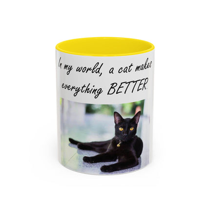 Cat Lover’s Accent Mug – “A Cat Makes Everything Better” – 11oz