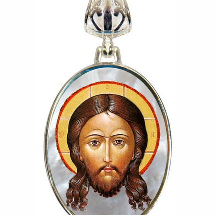 Icon of The Holy Face Silver Plated Mother of Pearl Necklace Jewelry - 43018-0