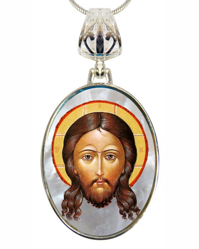Icon of The Holy Face Silver Plated Mother of Pearl Necklace Jewelry - 43018-0
