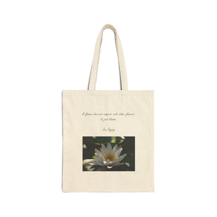 Canvas Tote Bag — White Lotus Photo with Quote, Eco-Friendly Everyday Shopper