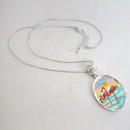 Flamingos Silver Plated Mother of Pearl Jewelry Pendant Necklace Coastal - 44046-1