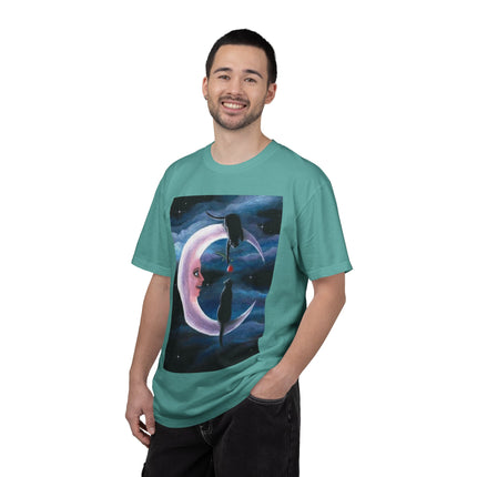Moonlight Cats Graphic T‑Shirt — Romantic Crescent Moon Art Tee