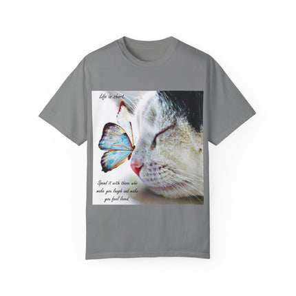 Inspirational Cat & Butterfly T-Shirt | Life is Short Quote