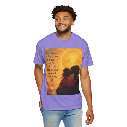 Hug Melt Away T-Shirt — Warm Sunset Illustration & Quote