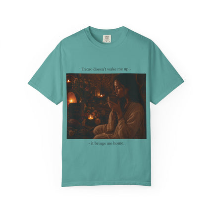 Cacao Doesn't Wake Me Up T-Shirt — Cozy Candlelit Illustration Tee
