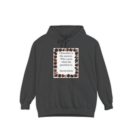 Garment‑dyed unisex hoodie with a square border of assorted chocolate illustrations and the quote “Chocolate is the answer” printed in the center
