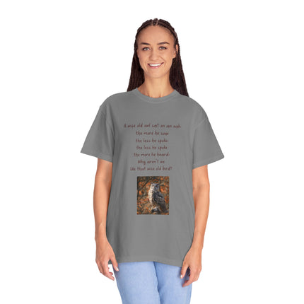 Poem & Owl Graphic T‑Shirt — 'A wise old owl...' Nature Poetry Tee