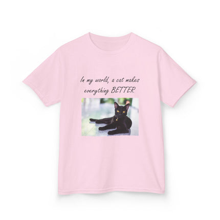 Kids Cat Lover Tee - 'In My World, A Cat Makes Everything BETTER'
