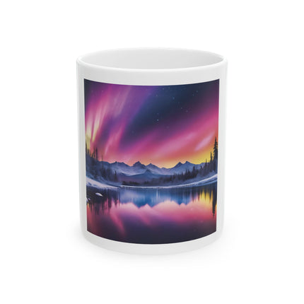Aurora Lake Ceramic Mug — Northern Lights Landscape Coffee Cup (11oz & 15oz)