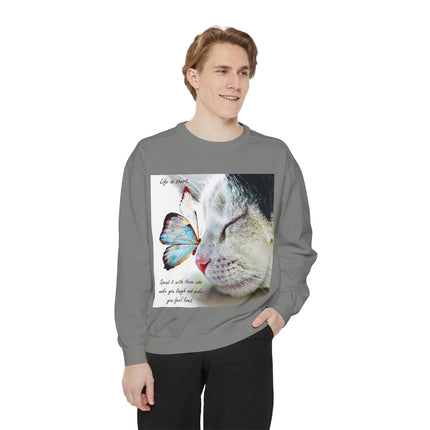 Life is Short Cat & Butterfly Unisex Garment-Dyed Sweatshirt