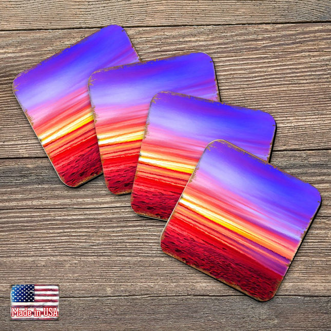 Sunset Coastal Wooden Cork Coasters Gift Set of 4 by Nature Wonders - Coastal Sea-Life Decor - 95360C-S4-0