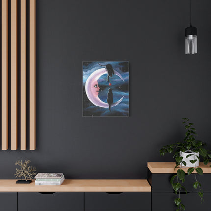 Two Black Cats on Crescent Moon Matte Canvas Art — Cat Lovers Wall Decor