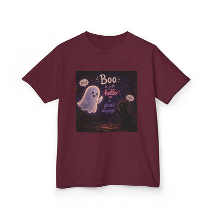 Kids Halloween Tee — "Boo: Hello Ghost Language" Cute Ghost Shirt