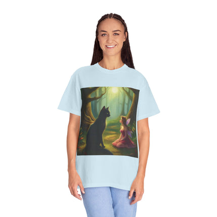 Fairy and Black Cat Forest T-Shirt — Enchanted Woodland Magic Tee