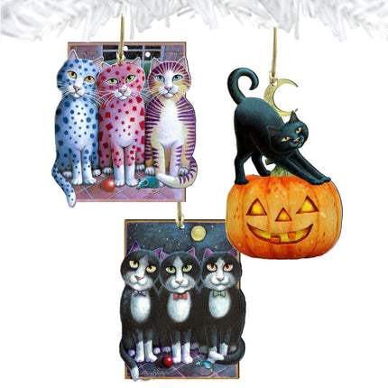 Halloween Patty Cats Wooden Ornaments Set of 3 by Laura Seeley - Thanksgiving Halloween Decor - 8100094S3-LS-1