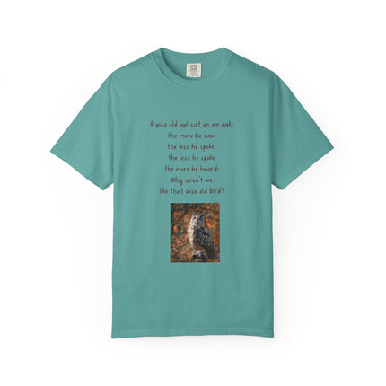 Poem & Owl Graphic T‑Shirt — 'A wise old owl...' Nature Poetry Tee