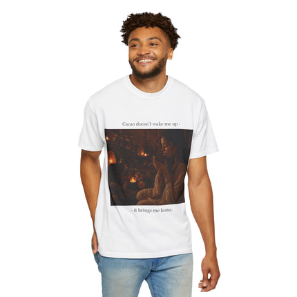 Cacao Doesn't Wake Me Up T-Shirt — Cozy Candlelit Illustration Tee