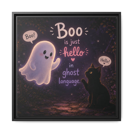 Framed Canvas Art - "Boo is Just Hello" Cute Ghost & Black Cat Halloween Print