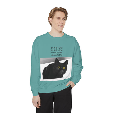 Cozy Cat Lover Sweatshirt - "In the Here, In the Now, No Worries, Only Meow"