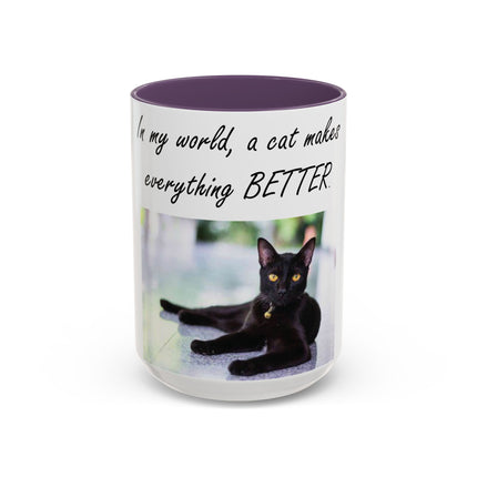 Black Cat Accent Ceramic Mug – “A Cat Makes Everything Better” – 15oz