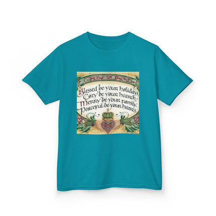 Blessed Holiday Kids Tee – Heart & Crown Celtic-Inspired Winter Shirt