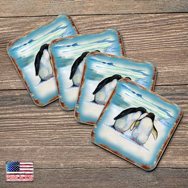 Penguins Wooden Cork Coasters Gift Set of 4 by Nature Wonders - Nature Wildlife Decor  - 95382C-S4-0