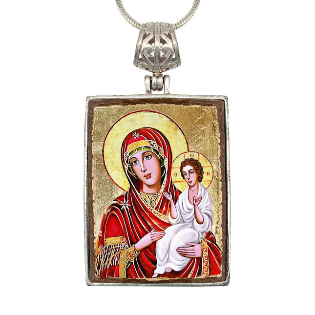 Virgin Mary Directress Religious Jewelry Silver Plated Necklace, Gold-Plated Wooden Cabochon - Orthodox Sacred Icon - Inspirational Icon Decor - 43029R-0