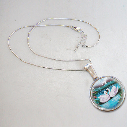 Swans in Love Silver Plated Mother of Pearl Jewelry Pendant Necklace - 44020-2