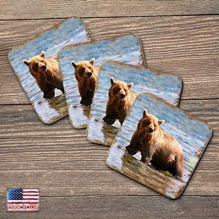 Bear Wooden Cork Coasters Gift Set of 4 by Nature Wonders - Nature Wildlife Decor  - 95297C-S4-0