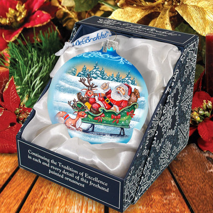Reindeers Ride Santa Glass Ornament by G. DeBrekht - Christmas Santa Snowman Decor - 73363-3