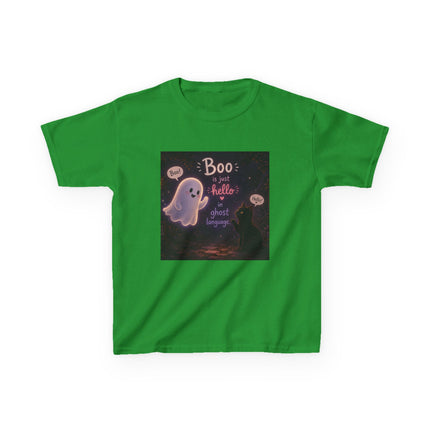 Kids Halloween Tee — "Boo: Hello Ghost Language" Cute Ghost Shirt