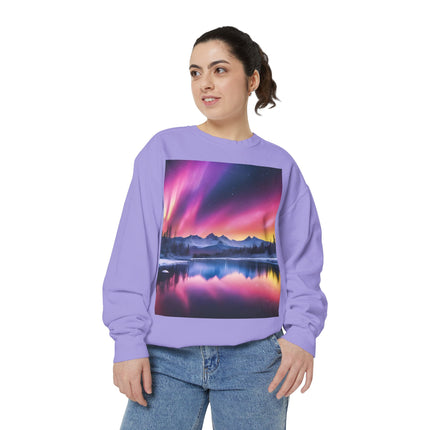 Aurora Lake Crewneck Sweatshirt — Colorful Northern Lights Landscape