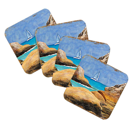 Sailboat Coastal Wooden Cork Coasters Gift Set of 4 by Nature Wonders - 95274C-S4-4