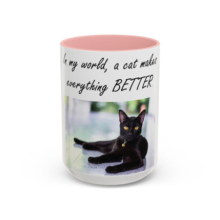 Black Cat Accent Ceramic Mug – “A Cat Makes Everything Better” – 15oz