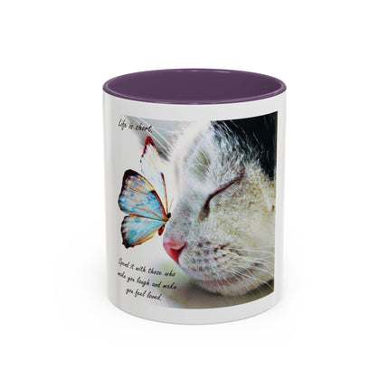 Cat & Butterfly Coffee Mug with 'Life is Short' Inspirational Quote (Accent, 11/15oz)