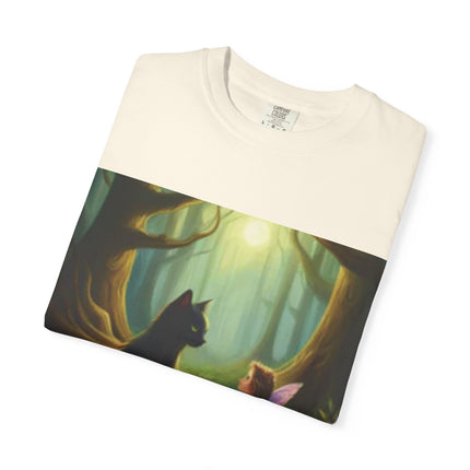 Fairy and Black Cat Forest T-Shirt — Enchanted Woodland Magic Tee