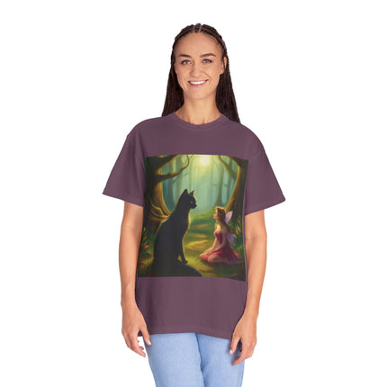 Fairy and Black Cat Forest T-Shirt — Enchanted Woodland Magic Tee