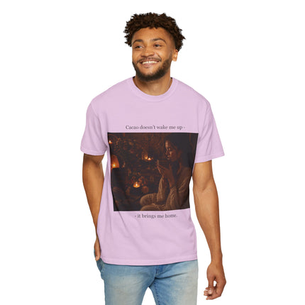 Cacao Doesn't Wake Me Up T-Shirt — Cozy Candlelit Illustration Tee