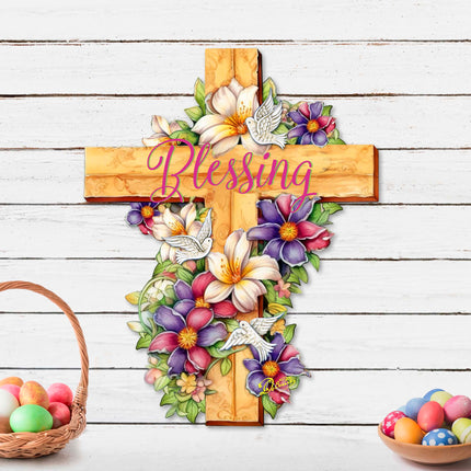 Floral Dove Blessing Cross Holiday Door Decor by G. Debrekht - Easter Spring Decor - 8688163H-2