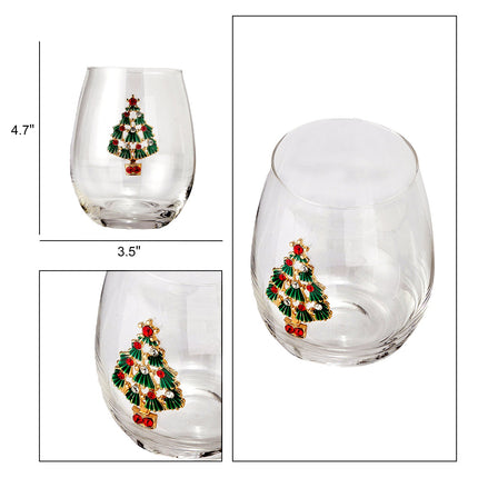 Stemless Christmas Tree Wine Glasses - Set of 2 - Christmas Cheer for Holiday Gift and Winter Season - 18 oz Stemless Decorated Tree Ornament Wine Tumblers for Holiday Season and Winter 4.7" H-1