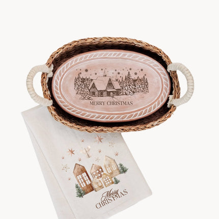 Bread Warmer & Basket Gift Set with Tea Towel - Christmas Village Oval-0