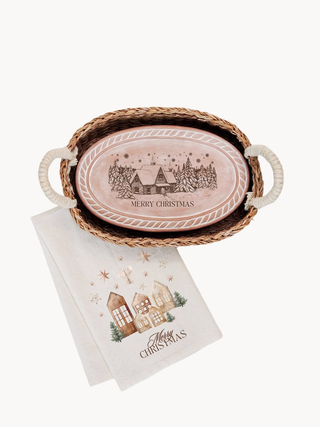 Bread Warmer & Basket Gift Set with Tea Towel - Christmas Village Oval-0