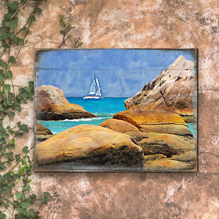 Sailboat on The Rocky Shore Wooden Coastal Wall Art by Nature Wonders - Coastal Sea-Life Decor - 95274B-1