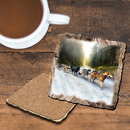 Husky Ride Wooden Cork Coasters Gift Set of 4 by Nature Wonders Nature Wildlife Decor  - 95401C-S4-1