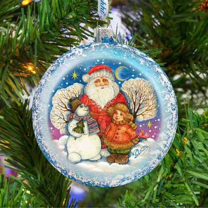 Snow Fun Santa Glass Ornament by G. DeBrekht - Christmas Santa Snowman Decor - 744-039-2